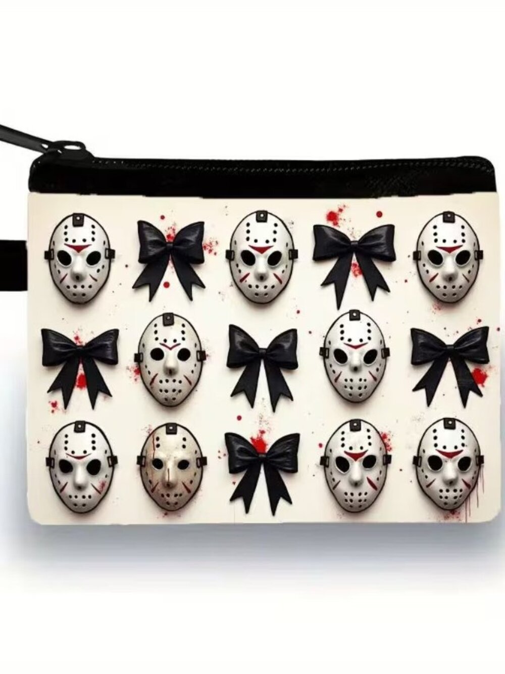 Halloween Dark Goth Jason Mask & Black Bows Makeup Bag Double-Sided 4h" x 5.6"w